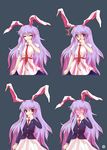  alphes_(style) animal_ears blouse blush bunny_ears closed_eyes full-face_blush grey_background hand_to_own_mouth highres jacket kaoru_(gensou_yuugen-an) lavender_hair long_hair looking_at_viewer necktie no_eyes open_mouth parody pose red_eyes red_neckwear reisen_udongein_inaba shirt short_sleeves simple_background skirt style_parody surprised tears touhou very_long_hair 