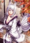  animal_ears bad_id bad_pixiv_id breasts cleavage fox_ears fox_tail japanese_clothes jirou_(62sand3gemt9) kimono large_breasts long_hair off_shoulder original silver_eyes silver_hair sitting smile solo tail 