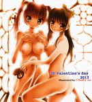  breasts brown_eyes brown_hair dr_rex large_breasts long_hair multiple_girls nipples nude original twintails valentine 