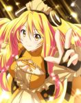  blonde_hair blush breasts bridal_gauntlets cleavage_cutout headdress large_breasts long_hair looking_at_viewer nori_tamago smile solo twintails vividred_operation vividyellow yellow_eyes 