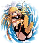  alternate_hair_length alternate_hairstyle ass bdsm blue_eyes bondage bound detached_sleeves feet full_body hair_ornament hair_ribbon hairclip kagamine_rin knees_on_chest leg_hug leg_warmers legs_up long_hair looking_at_viewer lying masao mouth_hold no_shoes on_back panties ribbon ribbon_bondage ribbon_in_mouth shirt shorts socks solo underwear upshorts vocaloid white_panties yellow_legwear 