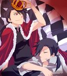  binu black_hair cape checkered closed_eyes crown dual_persona fullmetal_alchemist greed grin hair_over_one_eye ling_yao male_focus multiple_boys ponytail red_eyes smile 