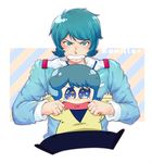  angry aqua_eyes aqua_hair bakushou_senshi!_sd_gundam character_name cheek_pull chibi clenched_teeth dual_persona gundam jacket kamille_bidan male_focus multiple_boys open_mouth planet roneo sd_gundam shoes shooting_star star tears teeth zeta_gundam 