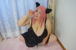  1girl animal_ears breasts cat_ears cleavage cosplay fat female huge_breasts luu_(cosplayer) okita_kyouko okita_kyouko_(cosplay) okusan photo pink_hair solo 
