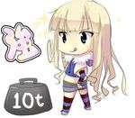  :q bangs blonde_hair blunt_bangs chibi detached_sleeves fur_collar green_eyes long_hair magister_(medical_whiskey) original shiratama_liliana shorts solo straight_hair striped striped_legwear thighhighs tongue tongue_out weights 