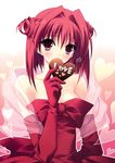  absurdres breasts chocolate cleavage dress elbow_gloves english gloves heart highres medium_breasts r_g_b red_eyes red_hair suzuhira_hiro 