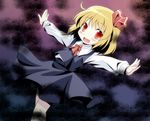  ascot blonde_hair blush hair_ribbon komiru long_sleeves open_mouth outstretched_arms outstretched_hand red_eyes ribbon rumia short_hair skirt skirt_set solo touhou 