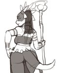  2019 anthro breasts butt caravan_palace clothed clothing female grin holding_object holding_weapon horn jewelry lizard looking_at_viewer looking_back reccand reptile scalie simple_background skirt smile solo standing thick_thighs veil weapon 