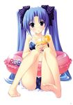  1girl absurdres barefoot bikini blue_eyes blue_hair drinking feet food fruit highres orange possible_duplicate r_g_b ribbon shiki_ai soles suzuhira_hiro swimsuit toes twintails 