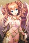  angel_wings bare_shoulders blue_eyes bow breasts cleavage collarbone grin hair_bow hair_ribbon isfeldt j-p long_hair lowres medium_breasts midriff naked_ribbon navel open_mouth orange_hair outstretched_hand ribbon smile solo sword_girls very_long_hair wavy_hair wings 