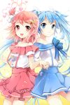  bare_shoulders blue_eyes blue_hair blush bow collarbone grin hair_ornament hairpin heart holding_hands long_hair lowres mca_(dessert_candy) multiple_girls open_mouth pink_eyes pink_hair ribbon short_hair skirt smile striped sword_girls twintails very_long_hair 