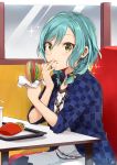  1girl aqua_hair bang_dream! black_legwear blue_jacket blurry blush bow braid checkered cup dated disposable_cup dress drinking_straw food food_wrapper french_fries green_eyes hair_bow hamburger hands_up hikawa_hina holding holding_food indoors jacket jewelry long_hair looking_at_viewer necklace open_clothes open_jacket pantyhose sidelocks signature sitting solo sparkling_eyes tarachine tongue tongue_out tray twin_braids white_dress window 