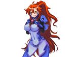  ahoge blush bodysuit breasts colorized crotch_plate gun-dere heart large_breasts long_hair muvluv navel parody pilot_suit ponytail red_hair revision skin_tight smile solo tengen_toppa_gurren_lagann very_long_hair yellow_eyes yoko_littner 