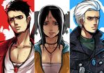  2boys bangs black_hair blue_eyes bruise column_lineup dante_(dmc:_devil_may_cry) devil_may_cry dmc:_devil_may_cry exaxuxer hair_slicked_back injury jewelry kat_(devil_may_cry) multiple_boys necklace parted_bangs pentagram upper_body vergil white_hair 