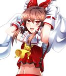  armpits arms_up ascot bad_id bad_pixiv_id bandages belly blush bow brown_eyes brown_hair detached_sleeves e.o. hair_bow hair_tubes hakurei_reimu highres open_mouth short_hair smile solo touhou 