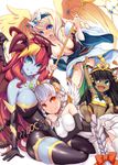  :d :o animal_ears archangel_(p&amp;d) barefoot bastet_(p&amp;d) black_legwear blonde_hair blue_skin blush breasts cat_ears cleavage dark_skin demon_girl elbow_gloves fang gloves grin halo hera_(p&amp;d) horns large_breasts light_valkyrie_(p&amp;d) looking_at_viewer multiple_girls open_mouth puzzle_&amp;_dragons smile staff succubus syacyo thighhighs valkyrie valkyrie_(p&amp;d) wings 