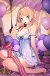  balloon bangs bare_shoulders barefoot blonde_hair blue_eyes bow breasts chocolate cleavage cocorip collarbone cupcake earrings food frills grin jewelry licking long_hair lowres medium_breasts open_mouth pajamas ribbon rose_pacifica sitting smile solo strap_slip striped swept_bangs sword_girls wariza 