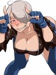  ahoge angel_(kof) blue_eyes blush breasts cleavage drunk fingerless_gloves gloves grin hair_over_one_eye large_breasts leaning_forward orita_(knightfever) short_hair smile solo the_king_of_fighters 