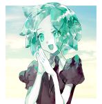  1other androgynous aqua_eyes aqua_hair colored_eyelashes crystal_hair eyebrows_visible_through_hair eyes_visible_through_hair gem_uniform_(houseki_no_kuni) green_eyes green_hair happy houseki_no_kuni necktie open_mouth phosphophyllite short_hair shourou_kanna smile solo upper_body white_skin 