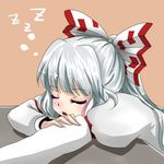  armband bow brown_background eyelashes fujiwara_no_mokou hair_bow hazuki_hina_(cherry_cherry) head_rest holding_arm juliet_sleeves long_hair long_sleeves lowres puffy_sleeves silver_hair sleeping solo table touhou 