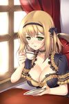  blonde_hair blush bow breasts choker cleavage cup frills green_eyes grin hair_ribbon holding kuro_(kuronell) large_breasts lowres open_mouth plate ribbon short_hair sitting smile solo sword_girls teacup 