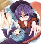  akinoemo bare_legs blue_eyes blue_hair breasts cleavage fang geta hat heterochromia jiangshi karakasa_obake long_sleeves medium_breasts miyako_yoshika multiple_girls ofuda open_mouth outstretched_arm purple_hair purple_umbrella red_eyes scarf short_hair short_sleeves skirt smile tatara_kogasa tongue touhou umbrella 