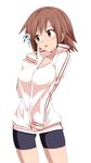  ? bike_shorts blush breasts brown_eyes brown_hair character_request cleavage copyright_request covering covering_crotch cowboy_shot jacket large_breasts miki_purasu open_clothes open_mouth solo sportswear track_jacket 