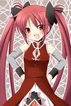  alternate_hairstyle bare_shoulders blush bow detached_sleeves dress fang hair_bow hands_on_hips looking_at_viewer magical_girl mahou_shoujo_madoka_magica open_mouth oumi_neneha red_dress red_eyes red_hair sakura_kyouko solo soul_gem twintails 