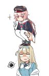  2girls anger_vein animal_ears bear_ears commentary_request girls_frontline gopnik hairband hat highres junsuina_fujunbutsu military_hat multiple_girls on_head pps-43_(girls_frontline) soviet_navy squatting suomi_kp31_(girls_frontline) 