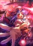  bat_wings fangs foreshortening hat light_particles misaki_(kyal_001) moon motion_blur open_mouth outstretched_arms purple_hair red_eyes red_moon remilia_scarlet sharp_teeth short_hair solo spear_the_gungnir teeth touhou wings wrist_cuffs 