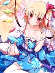  bare_shoulders blonde_hair breasts cleavage crystal dress flandre_scarlet nagii_yuki no_hat no_headwear open_mouth red_eyes ribbon sash short_hair side_ponytail sitting small_breasts solo tears thighhighs touhou white_legwear wings 