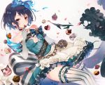  1girl alice_(sinoalice) apron bare_shoulders blue_hair blue_skirt bow breasts cake candy chains checkered_ribbon chocolate chocolate_heart choker cleavage cleavage_cutout collarbone elbow_gloves food frilled_skirt frills fruit gloves hair_bow heart highres jewelry looking_at_viewer magic mcmcmococo medium_breasts mouth_hold pink_eyes pocket_watch ribbon short_hair sinoalice skirt solo striped thighhighs thighs watch zettai_ryouiki 