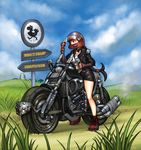  black_hair blue_sky boots chocobo cloud crop_top day field final_fantasy final_fantasy_vii fingerless_gloves gloves ground_vehicle helmet highres jacket leather leather_jacket long_hair low-tied_long_hair mario_grant midriff miniskirt motor_vehicle motorcycle motorcycle_helmet red_eyes signpost skirt sky solo tank_top tifa_lockhart 