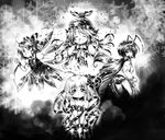  animal_ears antenna_hair blush cirno closed_eyes fang greyscale hair_ribbon hat monochrome multiple_girls mystia_lorelei naked_ribbon open_mouth ribbon rumia team_9 touhou vu_(oyavun) wings wriggle_nightbug 