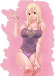  bare_legs bare_shoulders blonde_hair breasts brown_eyes camisole cleavage fairy_tail hand_on_own_knee kyoffie12 large_breasts legs_together long_hair lucy_heartfilia panties pink_panties pinky_out smile spaghetti_strap strap_gap tattoo underwear underwear_only 
