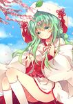  anthiea bad_id bad_pixiv_id cloud day green_eyes green_hair hair_ornament hatsune_miku hood japanese_clothes kimono kneehighs leaf long_hair nail_polish sitting sky smile solo uchikake vocaloid yuki_miku 