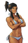  abs avatar_(series) bikini black_hair blue_bikini blue_eyes breasts cleavage crossed_arms dark_skin downscaled hair_tubes korra kyoffie12 long_hair md5_mismatch medium_breasts muscle navel resized side-tie_bikini sideboob smile solo swimsuit the_legend_of_korra topknot 