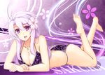  :d ahoge animal_print ass barefoot bikini breasts character_name cherry_blossoms cleavage cu-no feet flower hair_flower hair_ornament hisenkaede jewelry large_breasts legs_up leopard_print long_hair looking_at_viewer lying nail_polish necklace official_art on_stomach open_mouth purple_bikini purple_eyes purple_hair smile soles solo swimsuit the_pose yayoi_sakura 