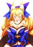  animal_ears bare_shoulders blonde_hair bow breasts closed_eyes cosplay fate/extra fate_(series) fox_ears fox_tail hair_bow hair_ribbon japanese_clothes large_breasts merry_(diameri) multiple_tails obi open_mouth ribbon sash short_hair solo tail tamamo_(fate)_(all) tamamo_no_mae_(fate) tamamo_no_mae_(fate)_(cosplay) thighhighs touhou yakumo_ran 