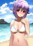  bad_id bad_pixiv_id bare_shoulders beach bikini bikini_top blush brown_eyes cloud day idolmaster idolmaster_cinderella_girls koshimizu_sachiko navel outdoors purple_hair sand short_hair solo sonsoso swimsuit water 