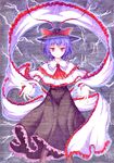  ascot blush boots capelet electricity hat hat_ribbon kittona nagae_iku purple_eyes purple_hair ribbon shawl short_hair skirt smile solo touhou traditional_media 