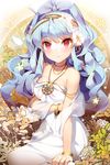  bangle bare_shoulders blue_hair blush bow bracelet breasts cleavage collarbone dress flower gilse glowing hair_bow hair_flower hair_ornament jewelry leg_up linus_falco long_hair lowres medium_breasts necklace open_mouth petals ponytail red_eyes solo sword_girls very_long_hair wavy_hair 
