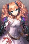  blue_eyes bow dress frills grin hair_bow hair_ribbon isfeldt j-p long_hair lowres open_mouth orange_hair outstretched_hand ribbon smile solo sword_girls very_long_hair wavy_hair 