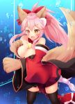  1girl animal_ear_fluff animal_ears bare_shoulders bell bell_collar black_legwear blush breasts cat_paws cleavage collar collarbone detached_sleeves eyebrows_visible_through_hair fangs fate/extra fate/grand_order fate_(series) fox_ears fox_girl fox_tail gloves hair_ribbon hiiro_yuya japanese_clothes jingle_bell kimono long_hair open_mouth paw_gloves paw_shoes paws pink_hair pixiv_username ponytail red_kimono red_ribbon ribbon shoes tail tamamo_(fate)_(all) tamamo_cat_(fate) 