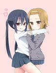  black_hair brown_eyes cardigan hairband hug k-on! long_hair michael_(aya-tokachi) multiple_girls nakano_azusa red_eyes sakuragaoka_high_school_uniform school_uniform short_hair tainaka_ritsu tongue tongue_out 