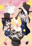  2girls artist_name black_hair blue_eyes brown_eyes bulge1944 dated dera_mochimazzui hair_bobbles hair_ornament hat heart kitashirakawa_anko kitashirakawa_tamako low_twintails multiple_girls musical_note one_side_up school_uniform star tamako_market top_hat twintails watermark web_address 