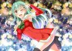  1girl aqua_hair black_footwear boots bow covered_navel dress elbow_gloves fur-trimmed_dress fur-trimmed_gloves fur_trim gloves green_bow hair_ornament hairclip highres kantai_collection leg_up long_hair looking_at_viewer open_mouth red_dress red_gloves shirouzu_myuuta smile solo sparkle_background suzuya_(kantai_collection) thigh_boots thighhighs v_over_eye yellow_eyes 