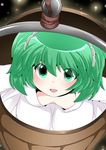  bad_id bad_pixiv_id blush breasts bucket commentary_request green_eyes green_hair hair_bobbles hair_ornament hammer_(sunset_beach) in_bucket in_container kisume looking_at_viewer open_mouth short_hair small_breasts solo touhou twintails wooden_bucket 