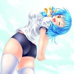  :d ass blue_hair bow braid breasts buruma gym_uniform hair_bow hands_clasped highres kogarashi_(wind_of_winter) large_breasts leaning_back looking_at_viewer one_eye_closed open_mouth original own_hands_together shirt simple_background smile solo t-shirt teeth thighhighs thighs white_background white_legwear yellow_eyes 