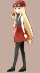  1girl apple bare_shoulders blonde_hair blue_eyes breasts female_protagonist_(pokemon_xy) food fruit hat long_hair pantyhose pokemon pokemon_(game) pokemon_xy serena_(pokemon) shoes skirt very_long_hair 